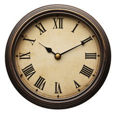 A simple vintage clock with Roman numeral numbers, transparent background