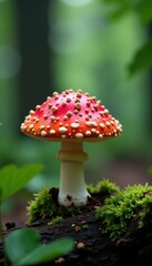 Fungi cap with bright red spots on a forest tree branch,, woodland