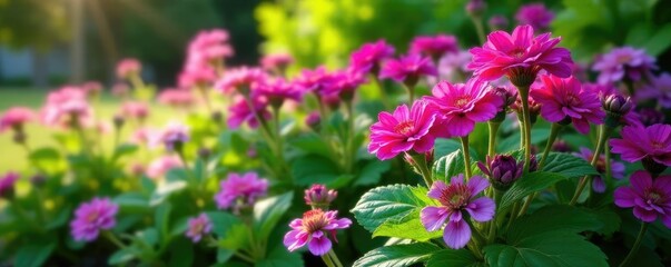 Fototapeta premium Garden bed with mixed purple and green plants including geranium Rozanne, rozanne, garden