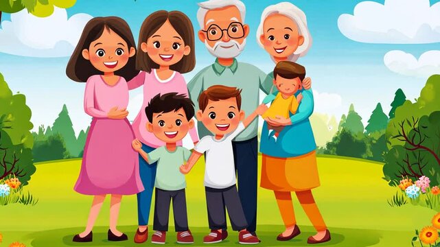 Happy Extended Family Cartoon Illustration in a Lush Green Park Setting