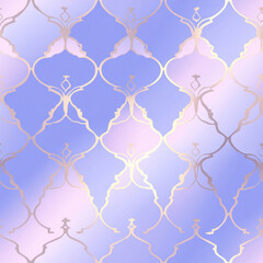 Gold lattice pattern against soft pastel gradient background with light purple and pink