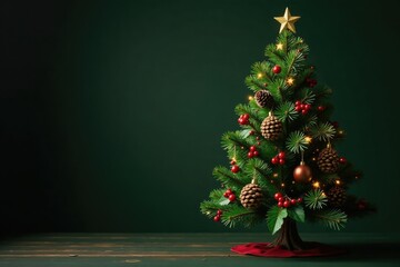 Majestic fir tree decorated with pine cone and holly berry garland, decorations,, christmas