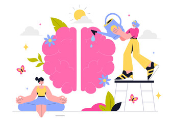 Mental Health Vector Illustration Featuring a Brain and Flowers, Symbolizing Enjoying Life, Solving Mental Problems, and Thinking Positively