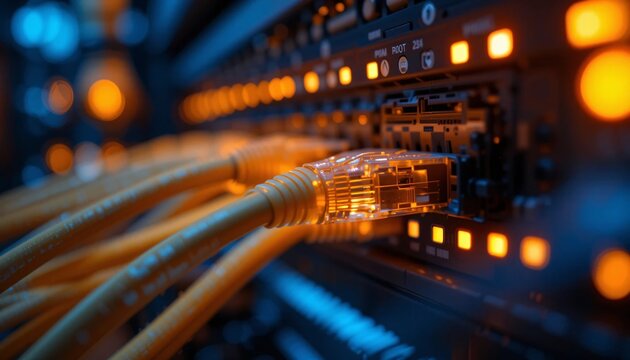 Data transmission process in server room networking cables technology indoor close-up connectivity