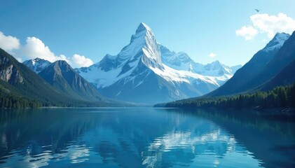 Naklejka premium Majestic snow-capped mountain rising from the lake's surface, Mountain Ranges, Glaciers