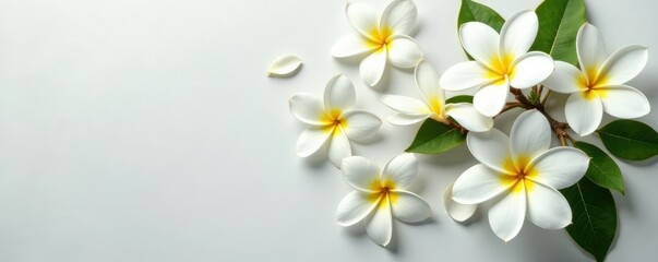 Delicate white plumeria blooms spread on a crisp background, elegant, plumeria, garden