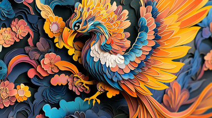 Obraz premium traditional chinese ink painting, brightly colored, paper cut style