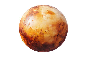 A photorealistic 3D rendering of a planet with a rocky, cratered surface and a warm, orange-brown hue, set against a clean white background