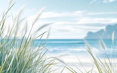Soft ocean waves and gentle grass sway on a tranquil beach