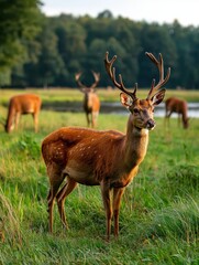 Fototapeta premium Majestic deer grazing in a serene meadow nature photography forest environment tranquil viewpoint