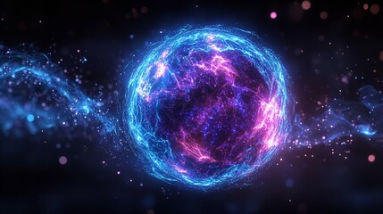 Obraz premium Futuristic Blue Energy Sphere with Electric Magic Particles & Waves