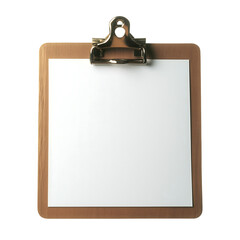 Wooden Clipboard with Blank Paper and Metal Clip Isolated on Transparent Background. A high-quality image of a wooden clipboard with a metal clip holding a blank sheet of paper, perfect for business, 