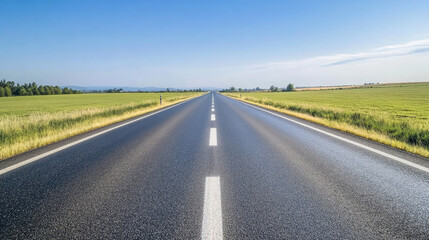 Fototapeta premium Wide road into distance, flanked by green fields and blue sky. High-definition, horizontal composition. Serene beauty.