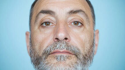 Serious mature man portrait, light blue background, profile picture, website use