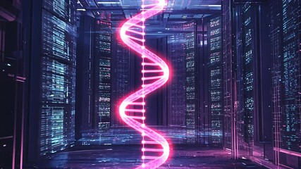 A glowing DNA helix rises within a futuristic, cyberpunk-styled data center. - Powered by Adobe
