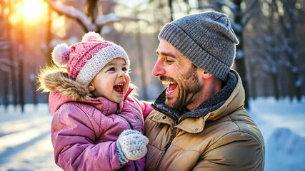 Father and baby girl laughing together in a snowy winter park, both wearing warm winter coats and hats, joyful moment of family bonding in the cold, concept of love, happiness, and family time