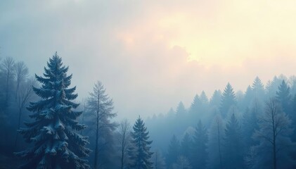 Naklejka premium Soft gray sky above the treetops, misty morning air, frosty trees, gentle light
