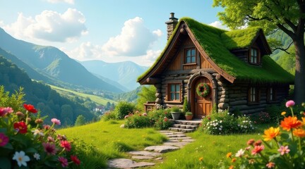 A Picturesque Stone and Timber Cottage with a Verdant Roof Nestled Amidst Vibrant Blooms and Rolling Hills