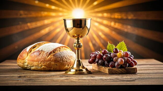 Golden chalice filled with wine, with freshly baked bread and a basket of grapes, representing the sacrament of the Eucharist, a religious tradition symbolizing faith, communion, and spirituality
