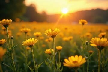Fototapeta premium Golden Hour Meadow Sunlit Wildflowers Basking in the Warm Glow of Sunset