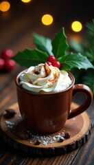 Rich hot chocolate in a wooden mug with whipped cream and festive holly branches, hot chocolate, winter