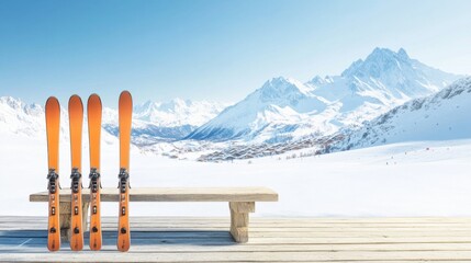Fototapeta premium Ski gear rests on a bench with mountains in the background under gentle morning light