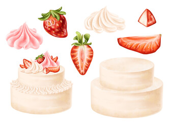 Confectionery set of objects. Pastel sponge cake, decoration of cream, whipped cream, juicy strawberry and leaves. Pastry dessert for birthday, home parties, sweet gift. Digital isolated illustration