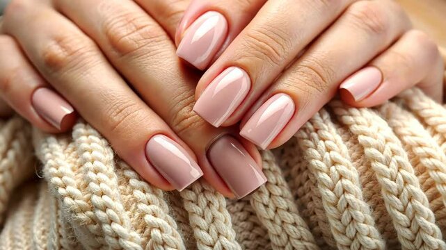 Close-up of well-manicured hands with elegant neutral pink nails resting on soft knitted fabric, showcasing a minimalist and chic design, concept of beauty, fashion, personal care, and wellness
