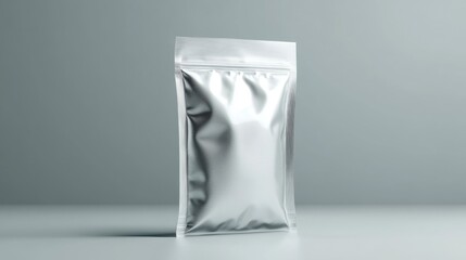 Silver Foil Pouch Packaging Mockup on Grey Background