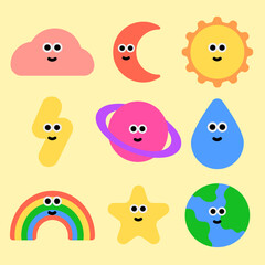Fototapeta premium A set of universe element shapes with cute cartoon character shapes.