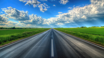 Fototapeta premium Wide road into distance, flanked by green fields and blue sky. High-definition, horizontal composition. Serene beauty.