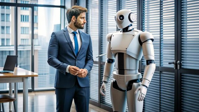 Man and AI robot standing together in an office, both professionally dressed, concept of technology, artificial intelligence, and the future of work