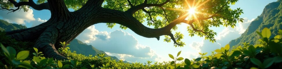 Fototapeta premium Twisted trunk branches stretching towards sky, sunlight, leaves, wilderness