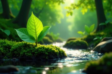 Una hoja de helecho verde se balancea ligeramente al ritmo del arroyo que corre a trav?s de la zona, naturaleza, directo