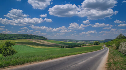 Fototapeta premium Wide road into distance, flanked by green fields and blue sky. High-definition, horizontal composition. Serene beauty.
