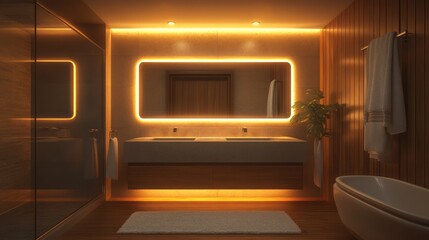 Modern bathroom design featuring ambient lighting and wooden accents
