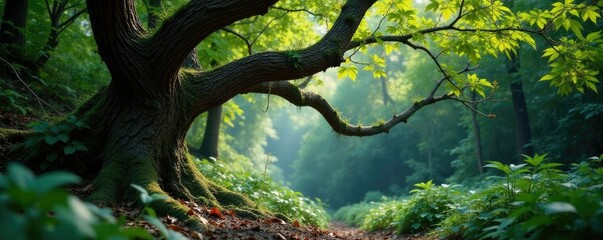 Fototapeta premium Twisted tree limbs tangled with vines and creepers, dense foliage, twisted branches, nature