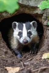 Obraz premium Adorable badger cub emerging from its den in natural habitat with curious gaze and playful expression wildlife photography