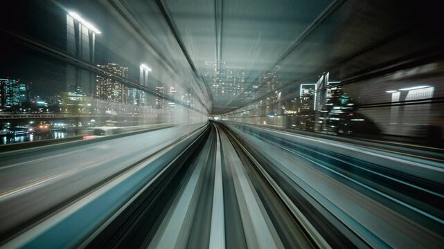 4K Motion timelapse POV shot from automated train at night in Tokyo, Japan.
