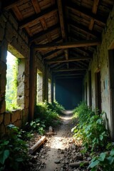 Twisted wooden beams hang from crumbling rafters, overgrown, decay, ruin