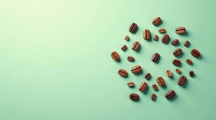 Aromatic Coffee Beans Arranged in a Circular Pattern on a Light Green Background
