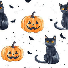 Halloween Black cats and orange jack-o'-lanterns pattern with flying bats on a white background