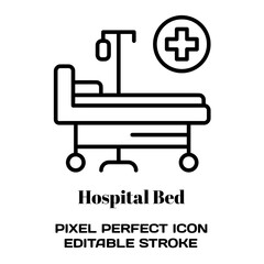 Hospital bed symbol, featuring an editable stroke outline icon isolated on white background flat vector illustration. Pixel perfect