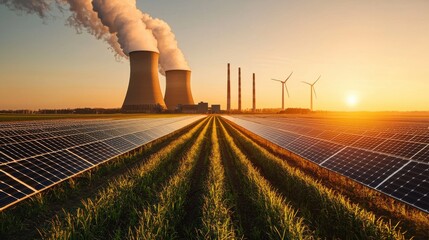 A stunning view of renewable energy sources alongside traditional ones at sunset, showcasing modern utility.