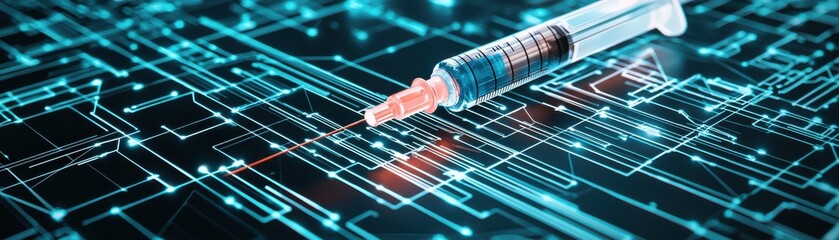 Futuristic syringe on digital circuit board representing medical technology.