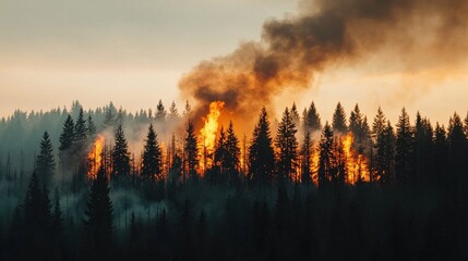 A vivid image depicting a forest fire engulfing trees, showcasing the destructive force of nature and its impacts.