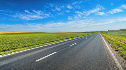 Fototapeta premium Wide road into distance, flanked by green fields and blue sky. High-definition, horizontal composition. Serene beauty.