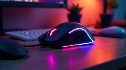 Illuminated Gaming Peripheral on a Desk with Keyboard and Mouse