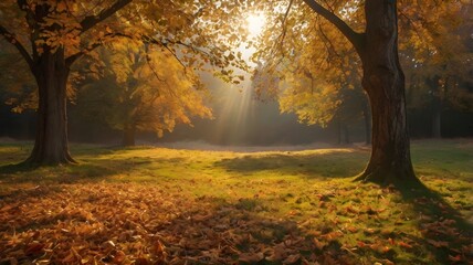 Fototapeta premium A picturesque autumn meadow bathed in soft golden light, fallen leaves carpeting the ground, evoking a sense of change and quiet contemplation.