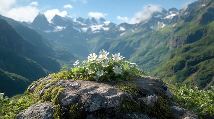 Fototapeta premium Mountain wildflowers, sunny valley view, scenic backdrop, travel postcard